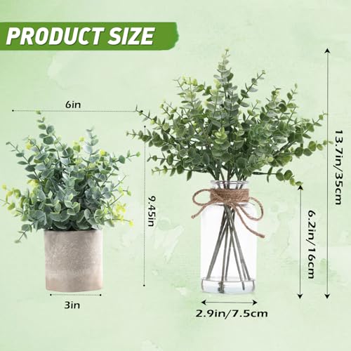 Coferset Eucalyptus Stems in Glass Vase with Faux Water, 14" Eucalyptus Fake Plants for Home Bathroom Counter Office Kitchen Farmhouse Shelf Centerpiece Coffee Table Decor(Sage Green) - color: Green