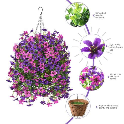Artificial Hanging Baskets Outdoor, 4 Bundles Artificial Hanging Flowers Outdoors Spring Summer Decoration, No Fade Realistic Fake Hanging Baskets for Porch Patio Balcony Home Yard Decor - color: Double Purple
