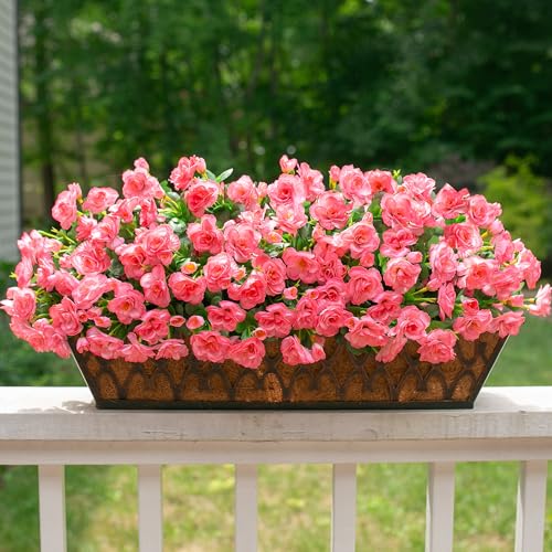 HyeFlora Artificial Faux Outdoor Flowers Plants for Spring Summer Decoration, Fake Silk Camellia UV Resistant Look Real for Planter Outside Front Door Porch Patio Balcony, 3 Large Bundles - color: Dark Pink