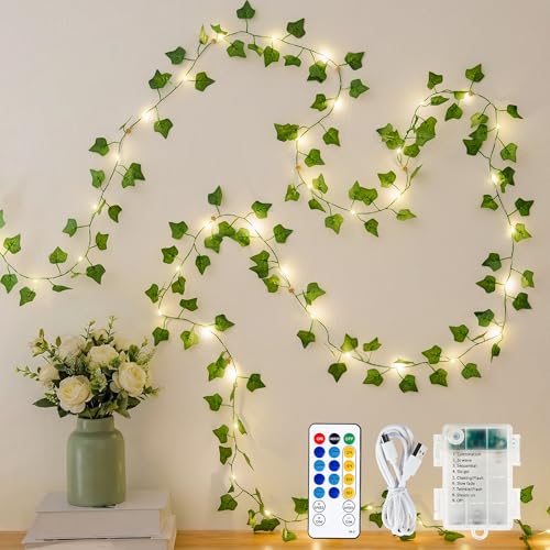 HEYFUNi Ivy Vines with Fairy Lights with Remote, 23 Ft 73 led Artificial Green Leaf String Lights USB/Battery Operated, Fake Vines for Bedroom Wall Aesthetic, Dorm, Room Decor, Warm White - color: IVY- Remote, size: 73 LED-USB & Battery