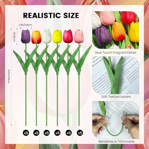 30 PCS Artificial Tulips Real Touch Tulips 13.5inch Long Stem Fake Flowers Silk Flowers for Spring Easter Mother's Day Decorations (MixedColor-2) - color: Multicolor-2