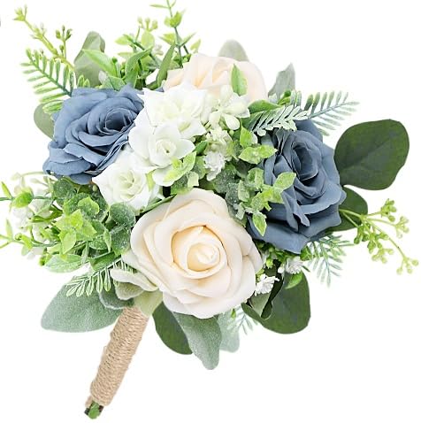 7 Inch Bridesmaid Bouquet Flowers - Artificial Bouquet for Bridesmaid Wedding Rustic Small Floral Centerpiece for Marriage Proposal Party Anniversary Dining Table Decor - Green & Dusty Blue - color: Green & Dusty Blue, size: 1pcs