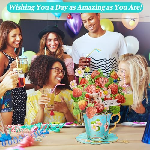 Airpark Pop Up Flower Bouquet Card for Women, 3D Floral Greeting Card with Envelope and Note, Birthday Thank You Thinking of You Get Well Gift for Mom Friend Wife Teacher, Strawberry - style: Strawberries