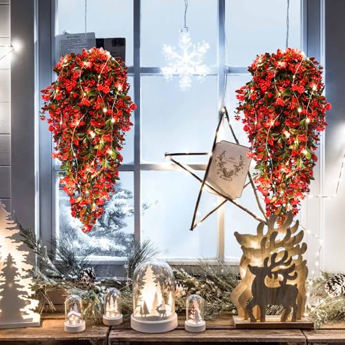 RECUTMS 2Pcs Artificial Red Hanging Flowers with Lights for Outdoor Decoration Fake Hanging Plants Vines with 30 LED String Light UV Resistant Greenery for Indoor Home Garden Party Decor (Lights Red) - color: Lights Red-rose