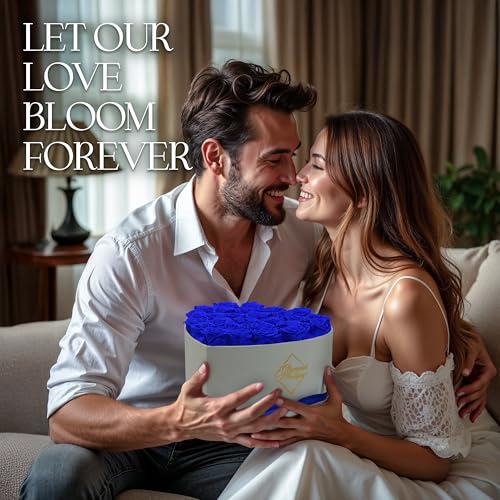 GLAMOUR BOUTIQUE Preserved Roses in a Box - Gifts for Her, Wife & Mom, Rose Flowers Forever Decor for Birthday Gift, Get Well Flower Bouquet Cased in White Box with Cover, Blue, 27 (Color-Treated) - color: Blue, size: 27 Roses Heart Box