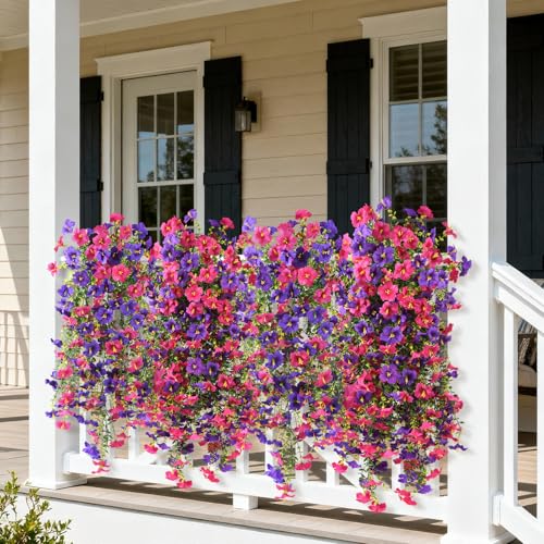 Artificial Hanging Flowers Plants for Outdoor Spring Summer Decoration, 2PCS Faux Silk Morning glory UV Resistant Look Real for Outside Home Indoor Planter Porch Garden Yard Decor(Deep Purple Red) - color: Deep Purple Red