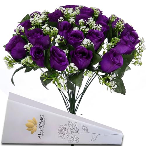 Artificial Purple Roses, 16" Bush with Gyp & Foliage 24 Flower Heads- Wedding Grave Home Decoration & Christmas - color: Purple