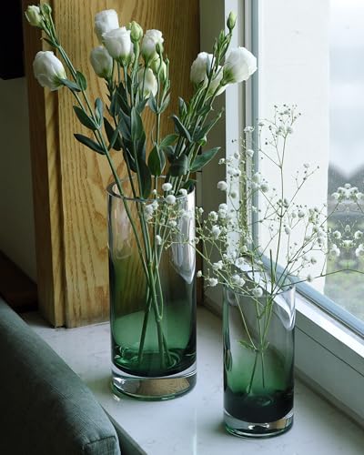CONVIVA Green Glass Vases for Flowers Cylinder Centerpieces Set of 2, Modern Blown Colored Glass Heavy Thick Sturdy Home Decor Gift Ideas for Mother's Day Vintage Room Decor, 10" & 7" - color: Green Set of 2