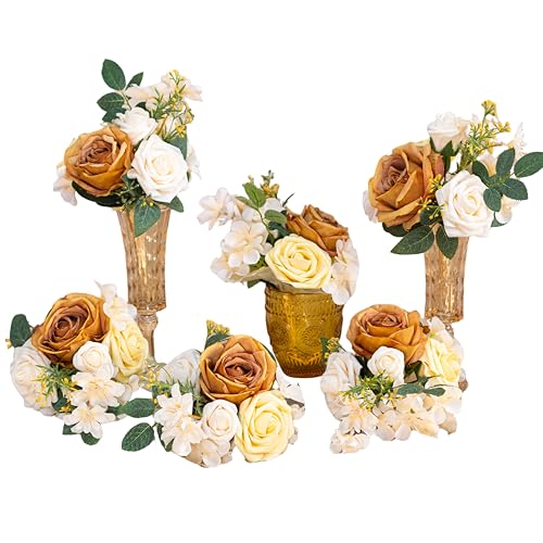 Terracotta Wedding Centerpieces Flowers Set of 6 Mini Bridesmaid Bouquets Pre-Made Flowers for Fall Wedding Decorations Artificial Flowers Mustard Yellow & Cream - color: France Terracotta