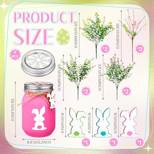 Pickmesh 3 Set Easter Bunny Mason Jars with Pastel Easter Eggs Picks with Artificial Flowers Berries Spring Tabletop Decor Centerpiece for Home Dining Table Holiday Decorations