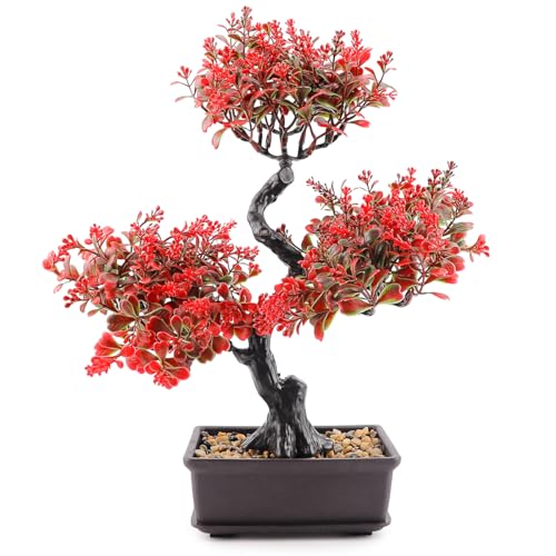 Artificial Bonsai Tree，Fake Plants Lifelike Plastic Bonsai Plant Simulation Green Plants for Home and Office Decor（Red） - color: Color 3