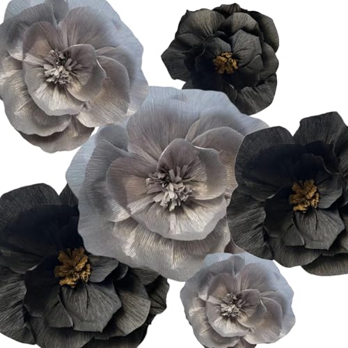 BRT Bearingshui Crepe Paper Flowers Decoration for Wall Total 6 Pcs, Artificial Flowers for Wedding Decor,Flower Backdrop Decor, Baby Bridal Shower Birthday Party, Silver Black 3D Wall Flowers Decor - color: Silver Black