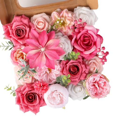 Floweroyal Artificial Flowers Fake Rose Flowers Dahlia with Stems for DIY Wedding Bridal Bouquets, Baby Shower, Floral Arrangement, Table Centerpieces, Home Decorations - color: A Abby Hot Pink