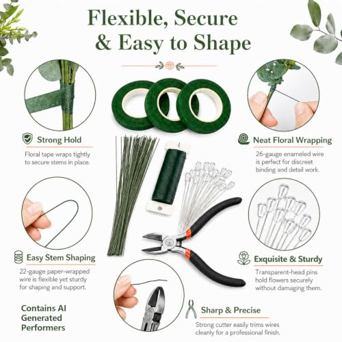 RAINFLOW Mother's Day Floral Arrangement Kit - Floral Tape & Floral Wire Set with Boutonniere Pins & Cutter, Includes 22 Gauge & 26 Gauge Wire for Bouquet & Wreath Making