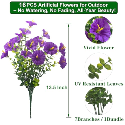 Grunyia Artificial Faux Flowers for Outdoor 16 Bundles Boxwood Fake Morning Glory for Planter,UV Resistant Fake Flowers for Home Porch Patio Outside (Purple) - color: Purple