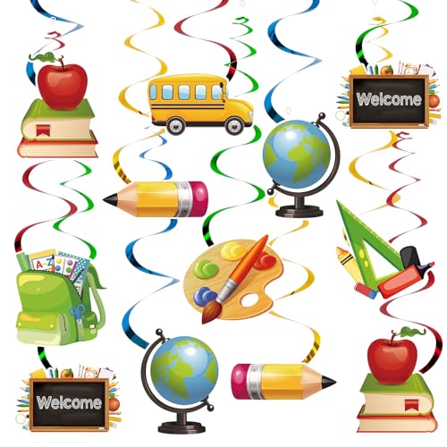 24Pcs Classroom Hanging Decorations, Welcome Back to School Party Ceiling Streamers Cutouts, Bright Hanging Swirls for Elementary Classroom Office First Day of School Teacher's Day Ceiling Decorations - color: Yellow-1