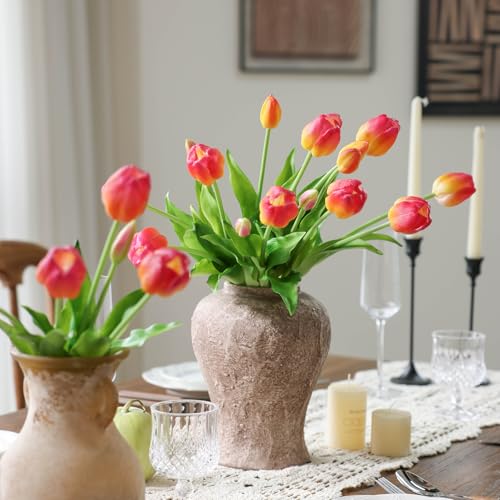 mizii 15Pcs Pink Tulips Artificial Flowers Latex Plastic Real Touch Fake Tulips Flowers Look Real Faux Tulip Flower Bouquet Decoration for Vase Room Table Centerpieces Home Decor (Orange Pink) - color: Orange Pink