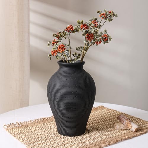 Ceramic Flower Vase Home Decor, 9 in Farmhouse Table Vases Rustic Vintage Living Room Kitchen Bedroom Pottery Decorative Vases for Flowers House Book Shelf Office Coffee Desk Dining Entryway, Black - color: 9 in - Black