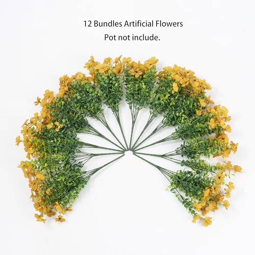 Artificial Flowers for Outdoor Indoor Garden Home Decoration, Faux Flower Daisy with Eucalyptus Leaves Fake Plants Greenery Boxwood Porch Patio, 12 Bundles - color: Yeloow