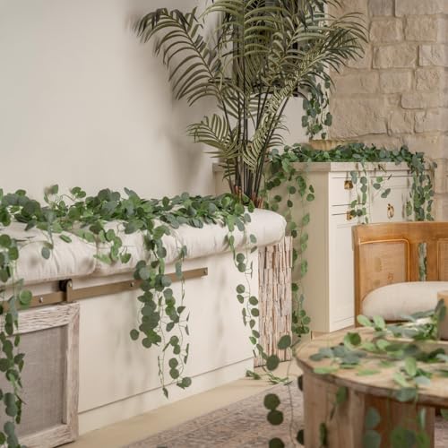 CQURE 24 Pack Eucalyptus Garland, Artificial Greenery Garland Faux Eucalyptus Leaves Table Vines for Wedding Backdrop Fireplace Arch Door Wall Room Decor（168FT）