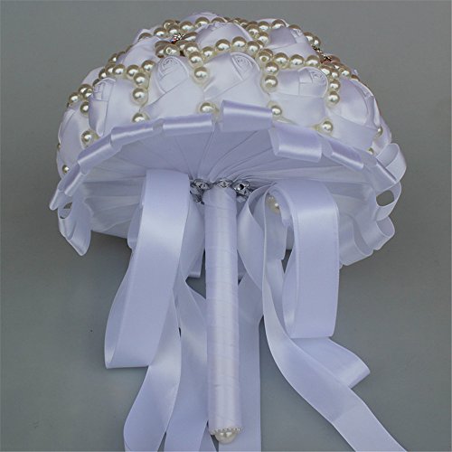 USIX Handcraft Popular Satin Rose Rhinestone Brooch Flower Pearl Bridal Holding Wedding Bouquet Wedding Flower Arrangements Bridesmaid Bouquet(White) - color: White