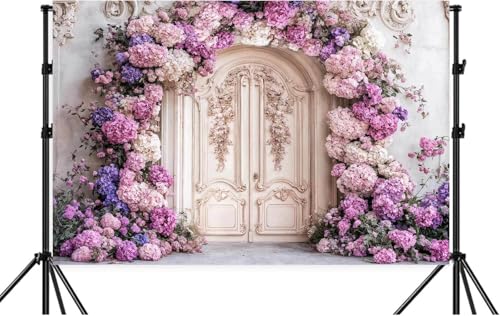 6X4ft Flower Backdrop Purple Floral Arch Retro Door Photography Backdrops Modern Interior European Style Wall Decoration Wedding Portrait Background Studio Photo Booth Props - color: Multi3, size: 6X4ft