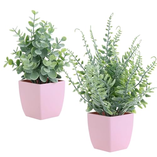 summer flower 2 Pack Small Fake Plants in Pink Pot Artificial Plant Eucalyptus Faux Potted Greenery Wheal Grass for Home Decor Indoor Bathroom Office Desk Shelf Bedroom Kitchen Cabinet Decorations - color: Pink-2