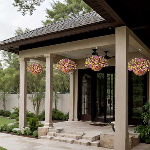 INXUGAO Artificial Silk Spring Flowers Hanging Basket for Outdoor Indoor, Daisy with Eucalyptus Leaves Arrangement for Yard Decor, Faux Green Plant in Metal Coconut Lining Pot(Purple Yellow) - color: Purplish Yellow