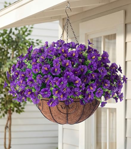 Artificial Fake Hanging Flowers Plants Basket for Outdoors Spring Decoration, Realistic Faux Silk Morning Glory for Outdoor Planters UV Resistant Artificial Flowers for Outside Porch Garden, Purple - color: B Purple