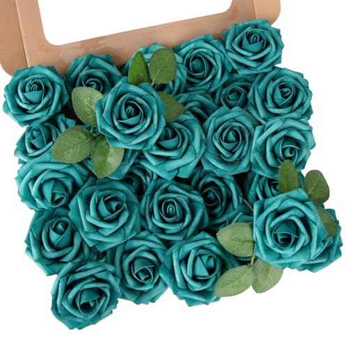 MACTING Artificial Rose Flowers 30PCS Real Touch Fake Flowers with Stem Foam Roses for DIY Wedding Bouquets Table Centerpieces Floral Arrangements Party Home Spring Valentines Day Decor,Peacock Green - color: Peacock Green, size: 30PCS