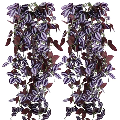 2-Pack Fake Hanging Plants, Faux Hanging Plant Artificial Greenery for Living Room Bedroom Boho Wall Shelf Indoor Outdoor Decor (Purple-Eyed Hairy Leaf) - color: Purple-eyed Hairy Leaf