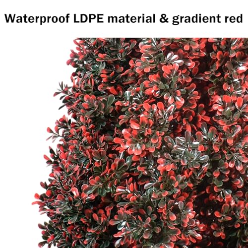 Faux Boxwood Topiaries Trees, 3.3FT Ste 2 Artificial Plants with Spikes Outdoor, Red Fake Topiary Realistic Bushes, UV Resistant Greenery for Indoor, Planter Front Porch Office Spring Decor-Red