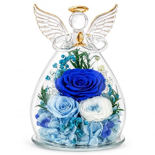 Preserved Rose in Glass Angel Figurine, for Mom/Wife/Grandma, Forever Flowers Rose Anniversary, Graduation or Birthday Gifts for Women Her - color: Blue