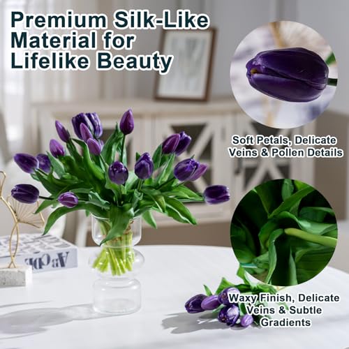 Bailikang 20PCS Fake Tulips 12' Artificial Tulip Silk Flowers Fake PU Bouquet Artificial Flowers Faux Flowers with Gift Box Soft Faux Tulips Bouquets Arrangements for Party Wedding Home - color: Light Purple