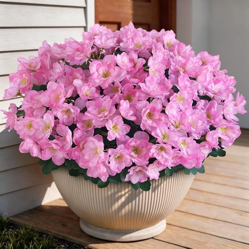 YXZZWL 16 Bundles Artificial Flowers for Front Door, Fake Silk Azalea Bouquet Silk Flowers for Outside UV Resistant Realistic Faux Plants for Planter Farmhouse Patio Garden Walkways Home Decor (Pink) - color: Pink