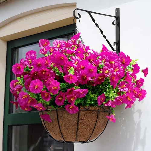 Artificial Flowers for Outdoors Spring Summer Decoration, 16 Bundles Fake Silk Realistic Morning Glory UV Resistant Faux Plastic Plants for Planter Front Door Porch Patio Yard (Fuchsia) - color: Fuchsia