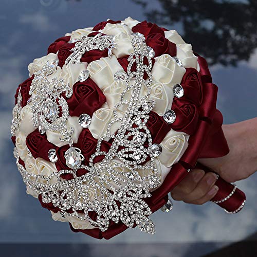 Handmade Luxury Wedding Bridal Bouquet Large Silk Rose Holding Toss Artificial Flowers Bouquets with Satin Ribbon Pearls Rhinestone for Bride Vintage Royal Wedding Bouquet (Red+Ivory) - color: Red+ivory