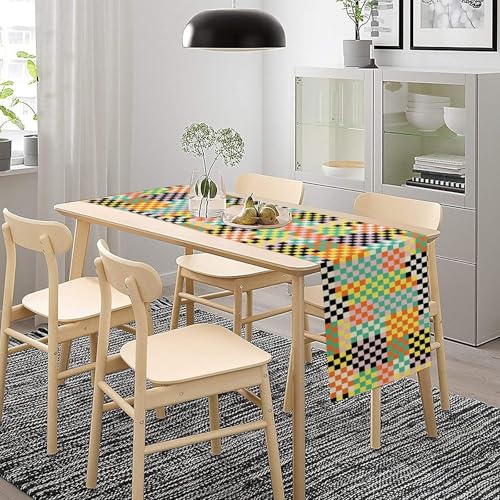 Retro Groovy Hippie Table Runner Vintage Funky Colorful Plaid Geometric Checkered Dinner Runner for Country Farmhouse Kitchen Birthday Party Holiday 36X13inch - color: Checkered-12, size: L36"x W13"