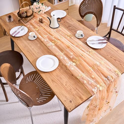vctops 2 Packs Embroidery Lace Fall Table Runner 10ft Floral Garden Seasonal Tulle Table Runner Holiday Kitchen Dining Table Decoration for Wedding Party Baby Shower Birthday (Orange,30"x120") - color: Orange