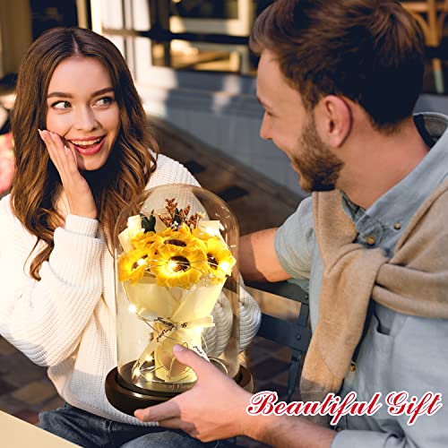 Rose Gift for Mom, Sunflower Gift for Mom-Preserved Artificial Rose Flower Gifts for Women Friends Sunflower Gifts for Wife,Light Up Rose in Glass Dome-Thankgiving Birthday Valentine Anniversary - color: Yellow