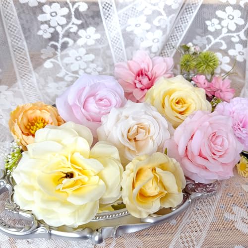 Creamy Yellow Pink Silk Artificial Flowers Combo Box Set Pastel Roses Flowers Dahlia DIY Bridal Wedding Bouquets Cake Boho Fake Floral with Stems Arrangements Baby Shower Party Table Centerpieces - color: Pink, Yellow