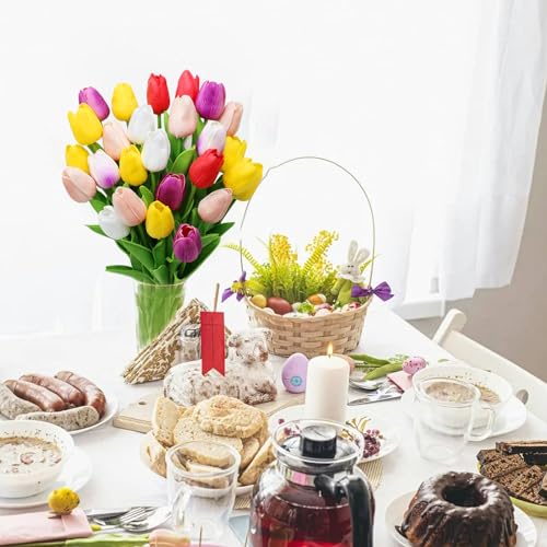 28pcs Multicolor Flowers Artificial Tulip Stems Real Feel PU Tulips for Easter Spring Wreath Wedding Bouquet Centerpiece Floral Arrangement Cemetery Table Décor 13" Tall - color: Multi Color