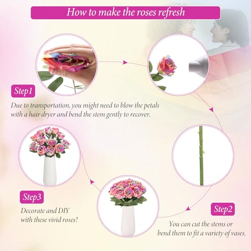 Hotop 20 Pcs Artificial Rose Flowers with Long Stem,Real Lifelike Silk Realistic Plastic Bouquet Roses Bulk for Home Decor Bridal Wedding Party Table Centerpieces Decorations(Rainbow) - color: Rainbow