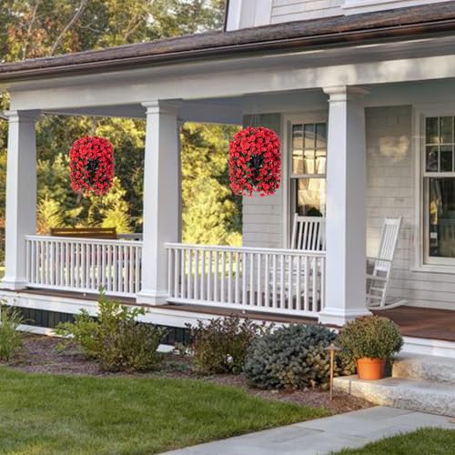 Artificial Fake Hanging Flowers Plants for Outdoor Outside Spring Summer Decoration, 2PCS Faux Silk Red Morning Glory UV Resistant Look Real Trailing Vines for Home Wedding Party Garden Patio Porch - color: Red 2