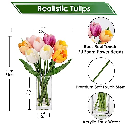 Briful Fake Flowers Artificial Tulip Flower in Clear Vase, Multi Color Real Touch Foam Tulip Arrangement Suitable for Home Office Decoration, Dining Table Centerpiece - color: Multi-colors