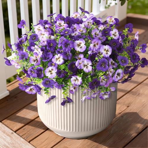 INQCMY Fake Artificial Pansy Flowers for Outdoor, Faux Silk Pansies Flower 12 Pcs Spring Summer Decoration, UV Resistant Fake Plants for Outside Planter Porch Yard Patio Home Decor(Double Purple) - color: Double Purple