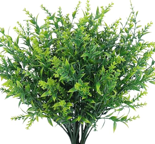 RECUTMS Fake Plants Artificial Spring Plants Outdoor Fake Flowers for Outdoor Artificial Flowers UV Resistant Artificial Plants Outside Front Porch Spring Decorations for Home(Green) - color: Green, size: 8 Bundles