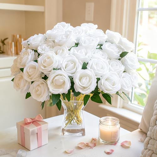HyeFlora 50 PCS White Roses Artificial Flowers, Fake Roses with Stems Realistic Silk Roses for DIY Wedding Bouquets Tables Centerpieces Arrangements Party Baby Shower Birthday Home Decor Gift for Her - color: White
