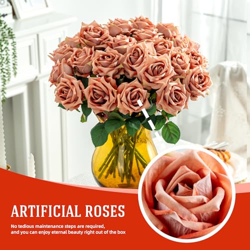 Ttranewsoo Fake Roses Faux Flowers Silk Roses Artificial Roses with Stems Realistic Artificial Flowers Suitable for Indoor Home Decoration Diy Bouquet Wedding Decoration Party Decor 24PCS Khaki 16.5In - color: Khaki 24pcs