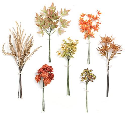 Serra Flora Artificial Greenery Stems Box Set,(Pack of 44pcs) with 7 Kinds of Faux Greenery Picks Filler for DIY Bridal Bouquets Wedding Floral Arrangement Table Centerpieces - color: Autumn Orange